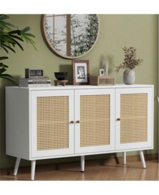 47.2" Rattan Sideboard Buffet Cabinet with 3 Doors,Boho Sideboard Buffet Cabinet with Adjustable Shelves, White Console Table for Living Room