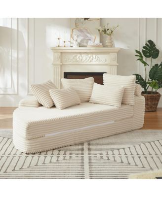 Corduroy Semi-Circular 2-in-1 Sofa Bed with Neck Pillow & 5 Throw Pillows
