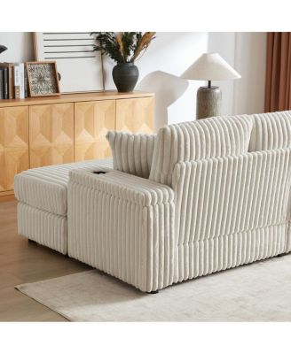 84" Corduroy 3-Seater Sofa w/ Pillows, Ottomans, Storage & Cup Holders