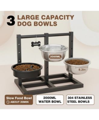 Dual Sided Elevated Dog Stand 5 Adjustable Heights 3 Bowls Slow Feeder Stainless Steel Non Slip