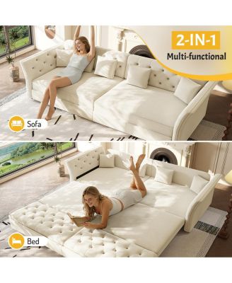 Oversize Pull Out Sofa Bed with Fabric Flower Tufted Design, Velvet Loveseat Bed