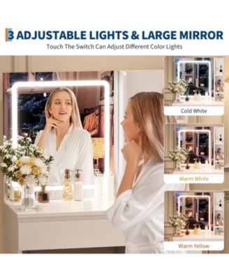 Makeup Vanity Desk Set with 3-Color Lighted Mirror, 4 Drawers, Shelves and Power Outlet