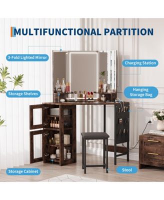 Corner Makeup Vanity Desk with LED Lighted Mirror, Storage Cabinet and Charging Station