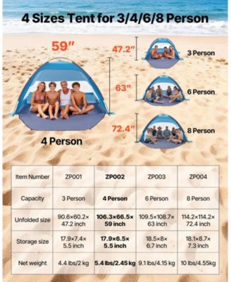 4-Person Beach Tent Sun Shelter with UPF 50+ Protection and Sand Pockets