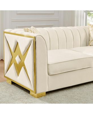  Luxurious Velvet Sofa with Geometric Gold Hardware & Metal Feet