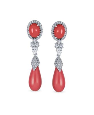 Classic CZ Accent Pink Orange Stone Teardrop Dangle Chandelier Earrings Silver Plated