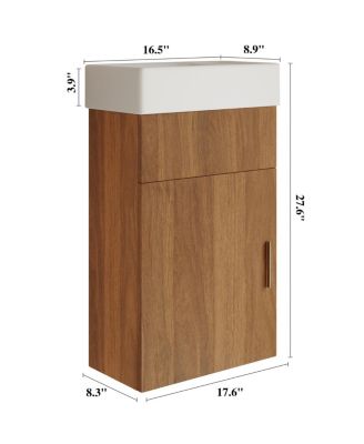 17.6" Small Floating Bathroom Vanity with Ceramic Sink, Walnut Wall Mounted Soft-Close Cabinet for Small Bathroom