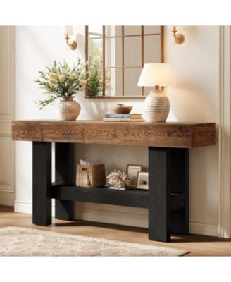 2-Tier Solid Wood Black Console Table for Entryway, Long Narrow Sofa Table Behind Couch