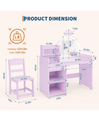 Kids Vanity Set with Lighted Mirror, Chair, Drawer and Open Storage Shelves