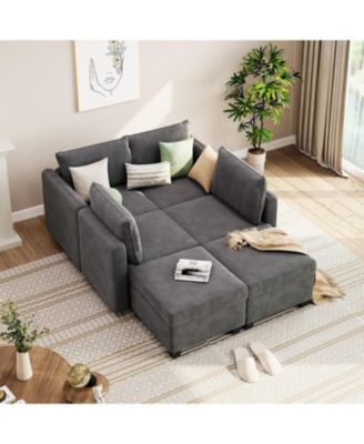 Modular Sectional Sofa with Large Storage Four Seat Couch with Two Ottomans U Shaped Sofa Chenille Upholstery Wooden Frame Living Room