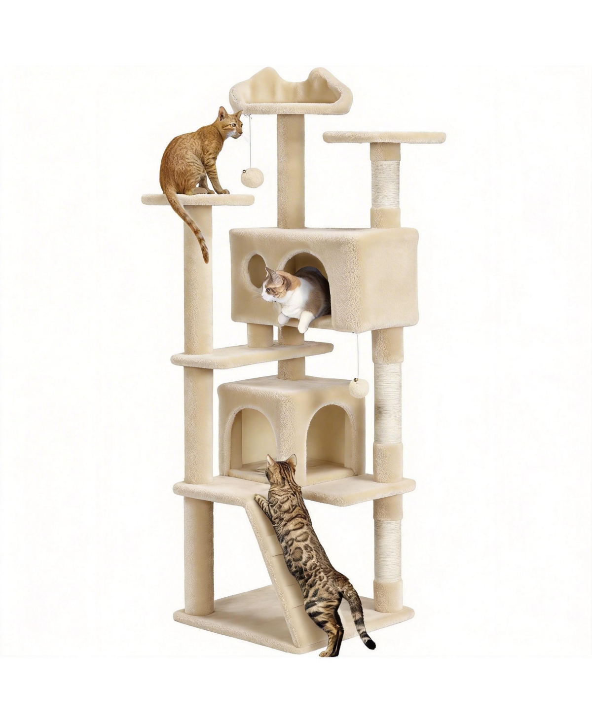 Aronkl Multi-level Cat Tree Tower with Cat-ear Perch 2 Caves Sisal Posts Climbing Ladder Replaceable Balls Pet Activity Center