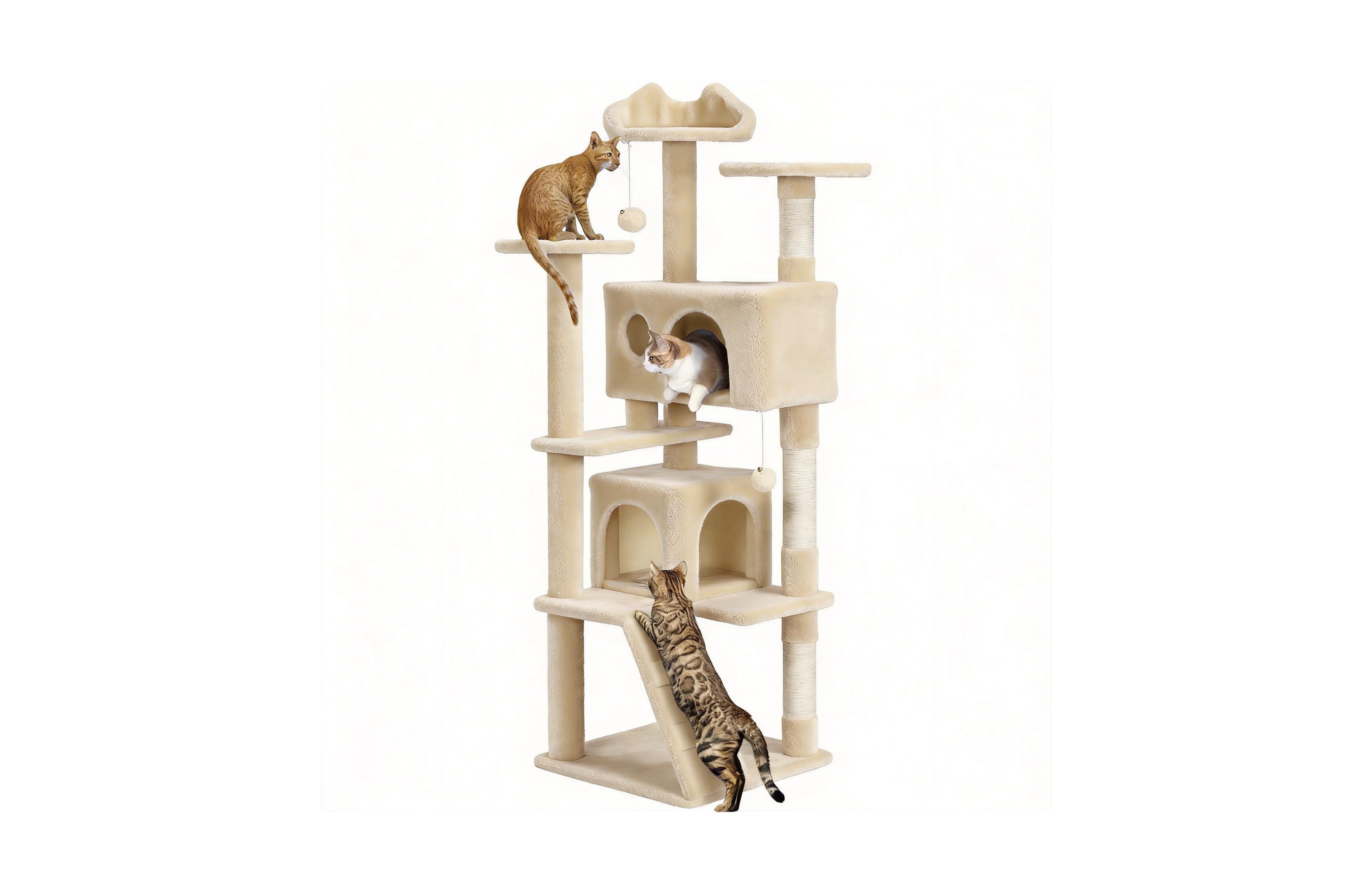 Aronkl Multi-level Cat Tree Tower with Cat-ear Perch 2 Caves Sisal Posts Climbing Ladder Replaceable Balls Pet Activity Center