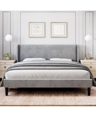 Upholstered Bed Frame With Wingback Velvet Upholstery Wooden Slats Box Spring Optional