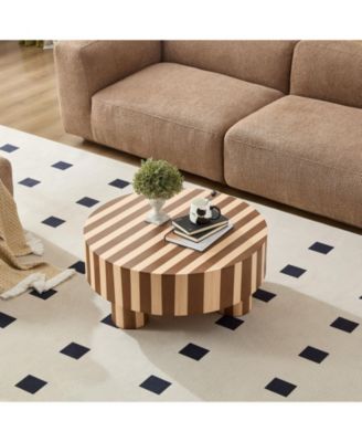 Round Wood Coffee Table with Oak Veneer, Striped Finish for Living Room Accent