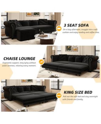  Chesterfield Velvet Pull-Out Sofa Bed with Ottoman