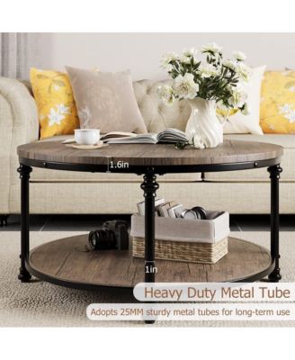 Round Rustic 2-Tier Wood Coffee Table with Metal Legs and Storage Shelf