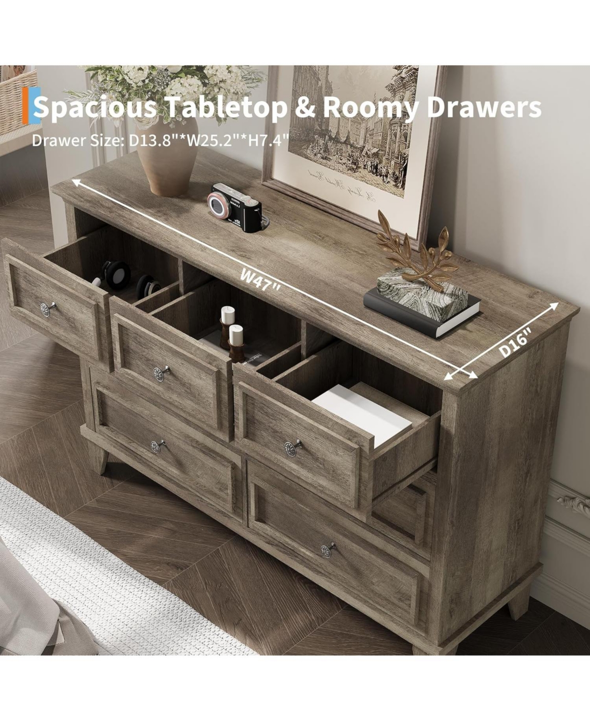 gaomon 7-Drawer Dresser for Bedroom, 47" Wide Wooden Chest with Deep Drawers