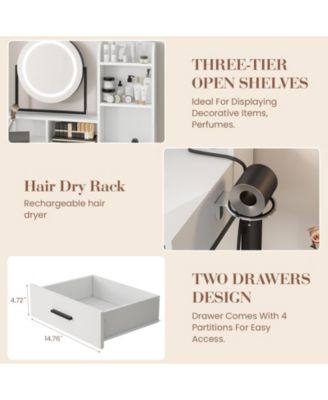 Makeup Vanity Set with Rotating Lighted Mirror, Stool, 2 Drawers and Power Outlet