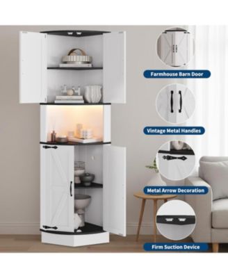 64.6" Farmhouse Corner Cabinet with LED Light, Tall Bathroom Cabinet with 4 Barn Doors and 5 Tier Shelves, Freestanding Corner Bar Cabinet
