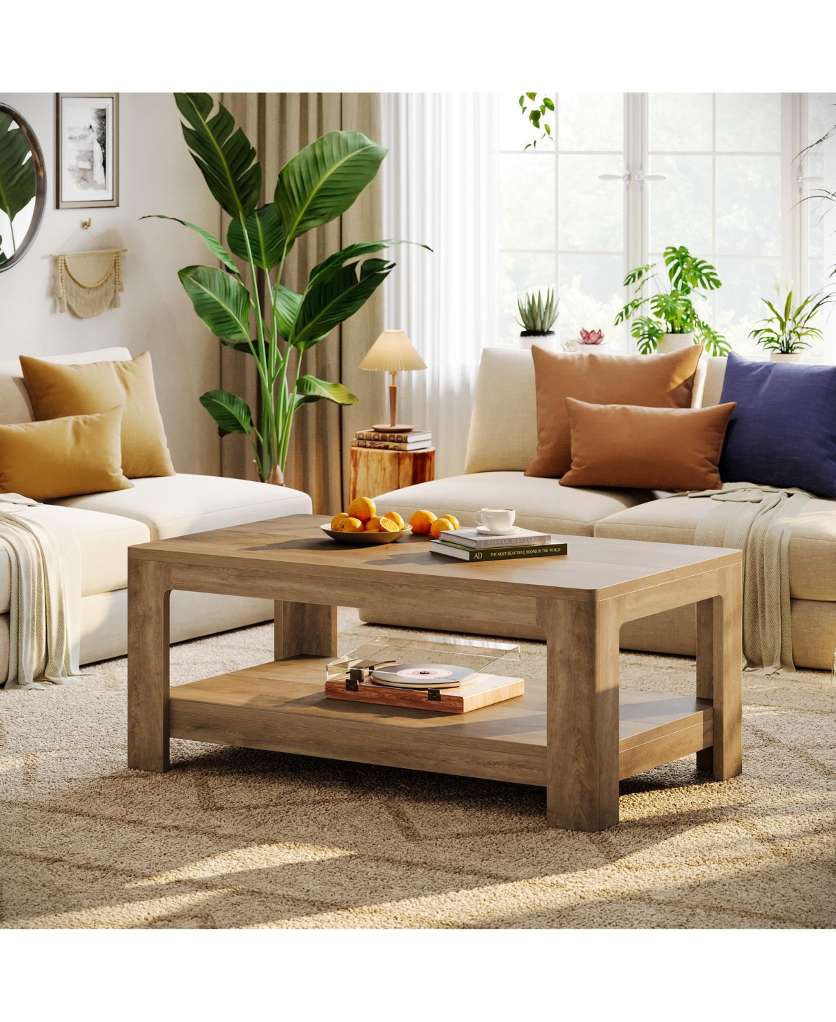 Tribesigns 47.24" Rectangle Coffee Table, 2-Tier Living Room Table with Curved Legs