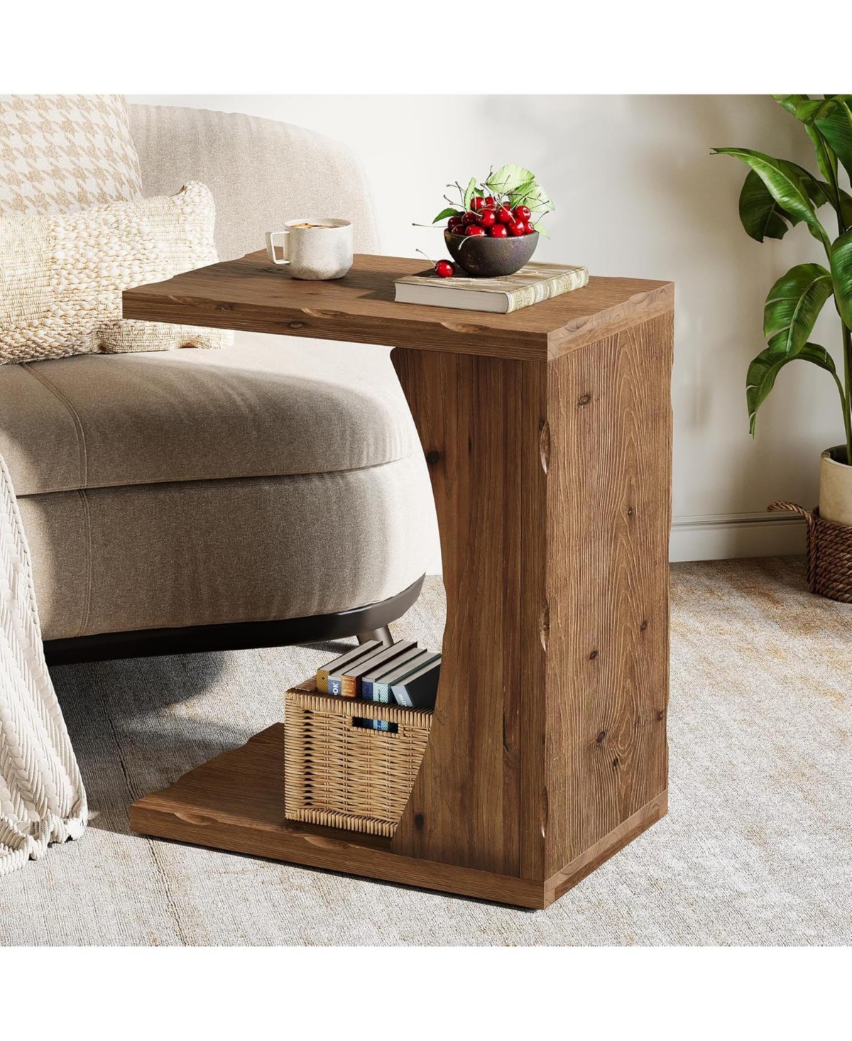 Tribesigns C-Shaped End Table for Living Room, Solid Wood Narrow Skinny Side Table, Farmhouse Bedside Nightstand