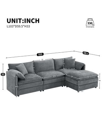 103" Chenille Modular Sectional Sofa with Deep Seat & Movable Ottoman