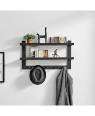 Two-Tier Ledge Shelf Wall Organizer with Five Hanging Hooks
