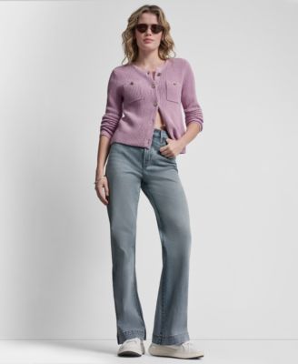 Women's Long-Sleeve Tuck Stitch Crewneck Cardigan