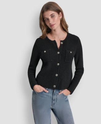 Women's Long-Sleeve Tuck Stitch Crewneck Cardigan