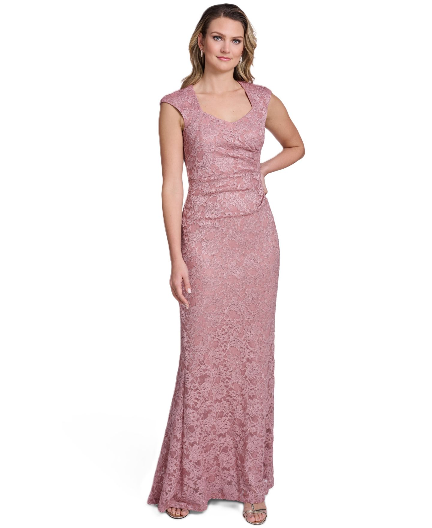 Женская кепка Jessica Howard Extended Cap-Sleeve Sweetheart Neck Side Tuck Gown, цвет: Розовый — фото 1