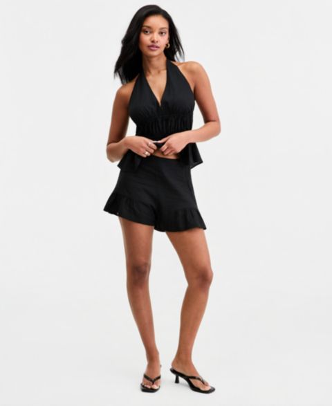 Женские шорты Bar III High-Rise Linen Ruffled-Hem, цвет: Глубокий чёрный