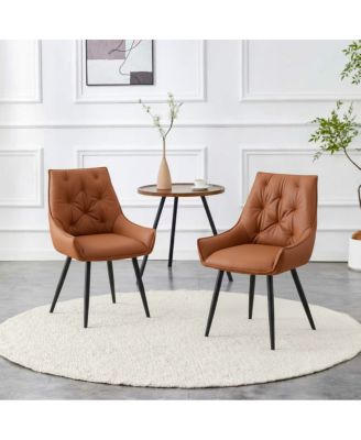 Dining Chairs Set of 2, Camel Faux Leather, Mesh Metal Legs