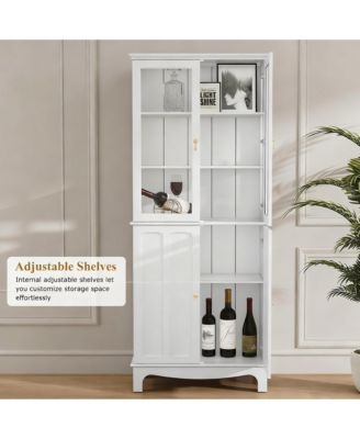 72" Freestanding Kitchen Pantry Cabinet Glass Door Adjustable Shelves