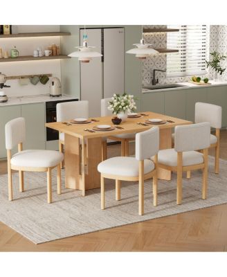 Farmhouse Wood Dining Table Set for 6, 60" Rectangular Table with Upholstered Chairs