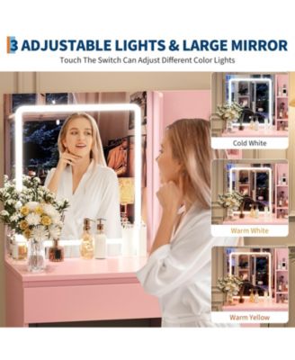 Makeup Vanity Desk Set with 3-Color Lighted Mirror, 4 Drawers, Shelves and Power Outlet