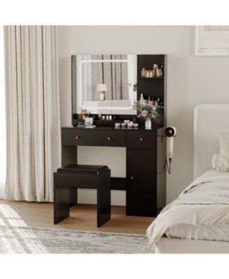 Makeup Vanity Set with 3-Mode LED Mirror, Stool, Storage Drawers and Power Outlet