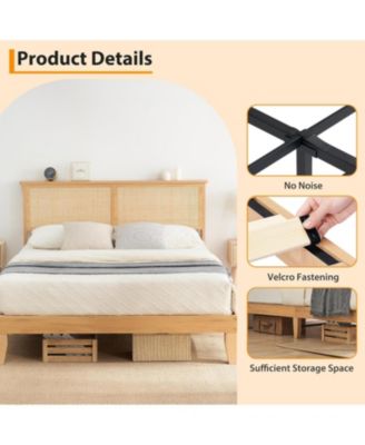 Full Bed Frame With Rattan Headboard and LED Lights Boho Platform Strong Wood Slats Noise Free No Box Spring