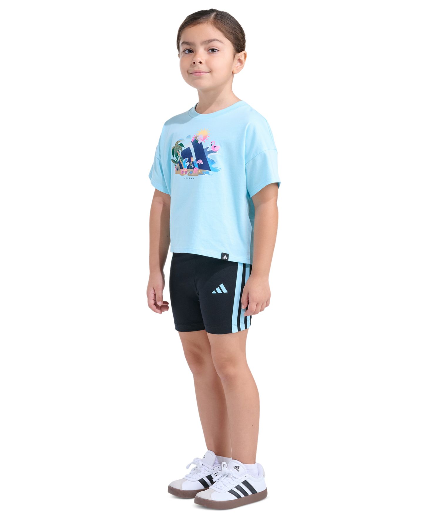 Детский комплект adidas для девочек: футболка и велосипедки, 2T-6X, цвет: Светлый синий — фото 2