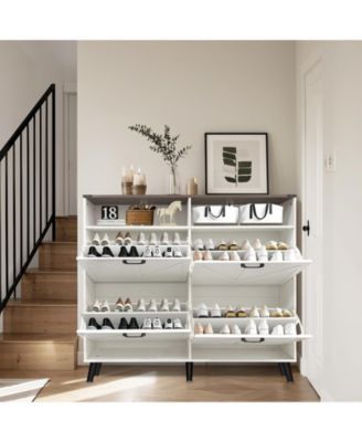 Shoe Cabinet with 4 Flip Drawers & Barn Door, Freestanding Hidden Slim Narrow Shoe Storage Organizer with Open Shelves, for Entryway, Foyer