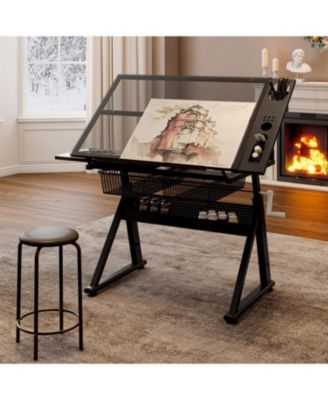 Adjustable Tempered Glass Drafting Table with Chair & Storage