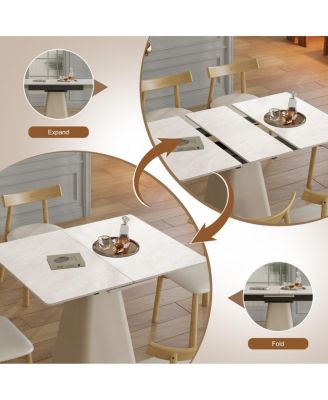Retractable Rock Slab Dining Table Set, 7-Piece Expandable Table with 6 Chairs & Leather Base