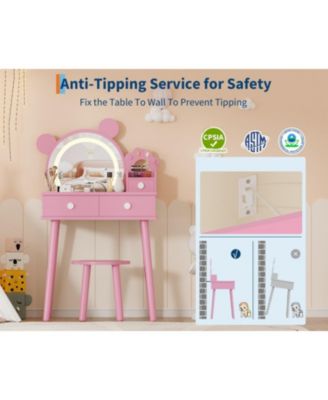 Kids Wooden Vanity Table and Chair Set with Touch Control Lighted Mirror and Drawers