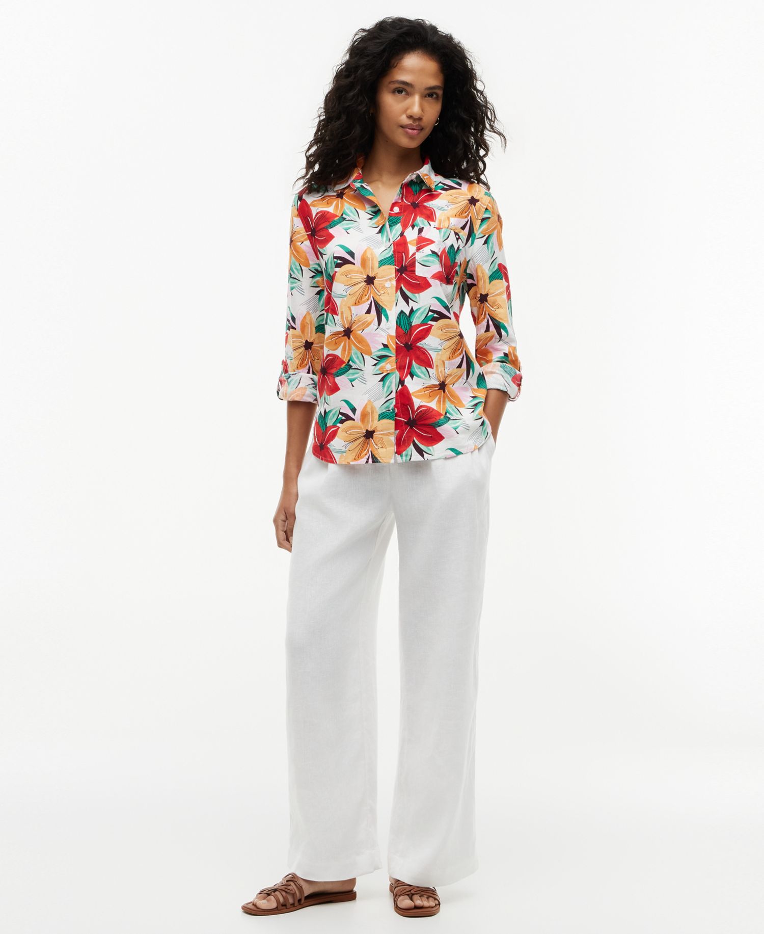 Women's Long-Sleeve Linen Blend Collared Printed Shirt