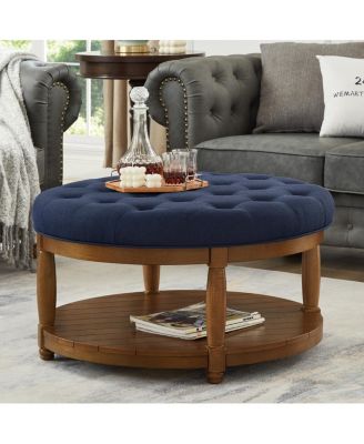 Large Tufted Linen Ottoman Coffee Table with Wood Shelf