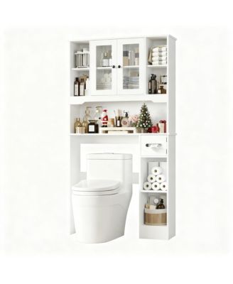 Over Toilet Storage Cabinet 2 Glass Doors Paper Holder Adjustable Shelves Bathroom Laundry