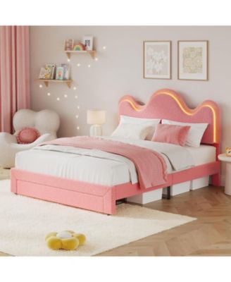 Queen Bed Frame Led Headboard Under Bed Drawer Metal Upholstered Platform Led Kids Bed Lamb Fleece Wood