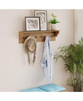 Wood Coat Rack 31.5" with Shelf and 6 Hooks for Entryway