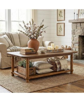 47" Rectangle Coffee Table, Solid Wood Center Table with 2-Tier Storage