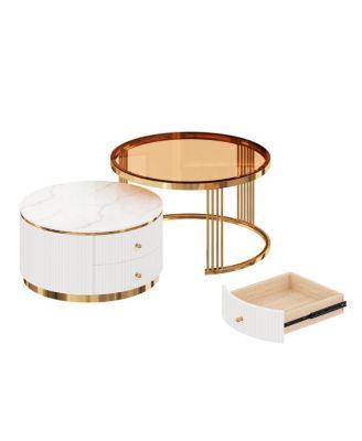Modern 2-Piece Round Nesting Coffee Table with Drawers & Glass Top