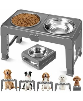 Elevated Dog Bowl Stand 5 Adjustable Heights Foldable Travel Feeder Stainless Steel Bowls Non-slip
